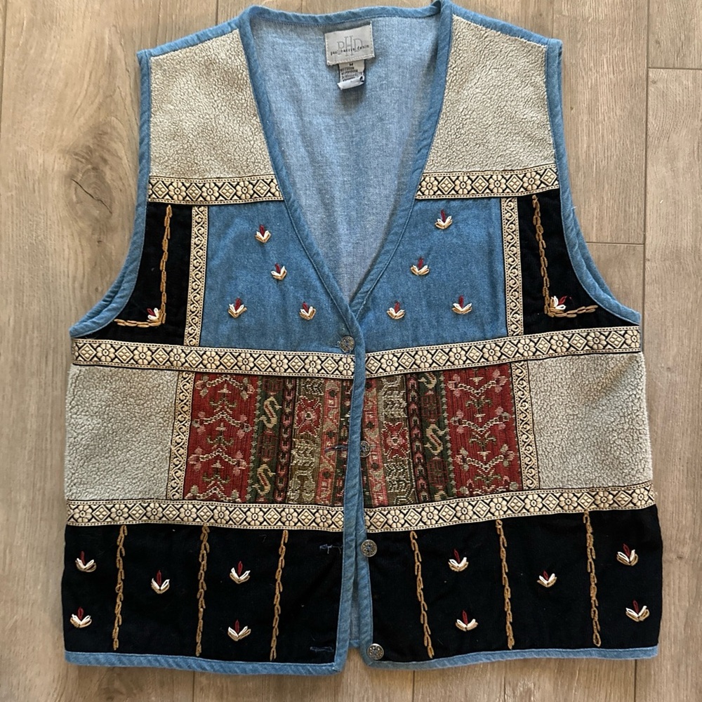 Vintage Paul Harris Denim Womens Vest‎ M Blue Flowers Patchwork Country
